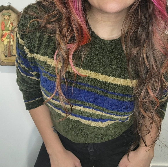 Vintage 2000s Y2k Acrylic Shiny Knit Cropped Sweater Green Stripe Womens S* - Picture 5 of 8